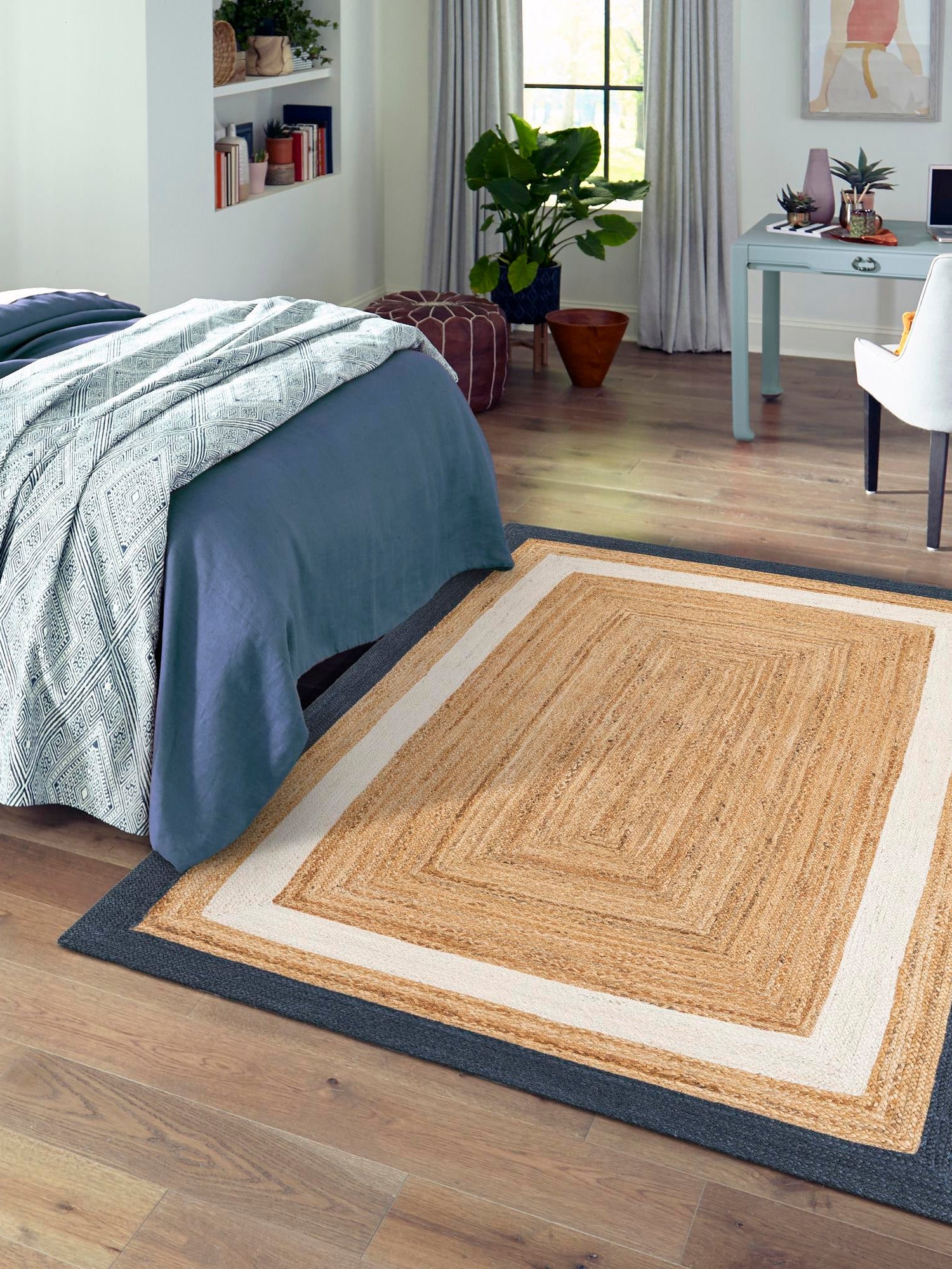 Navy Blue White Natural 7' 10 x 10' Braided Jute Rectangle Area Rug 100% Jute Hand Braided Natural Eco-Friendly Boho Style Carpet for Living Rooms Dining Office Space Dorms for Sale at Rug Engine