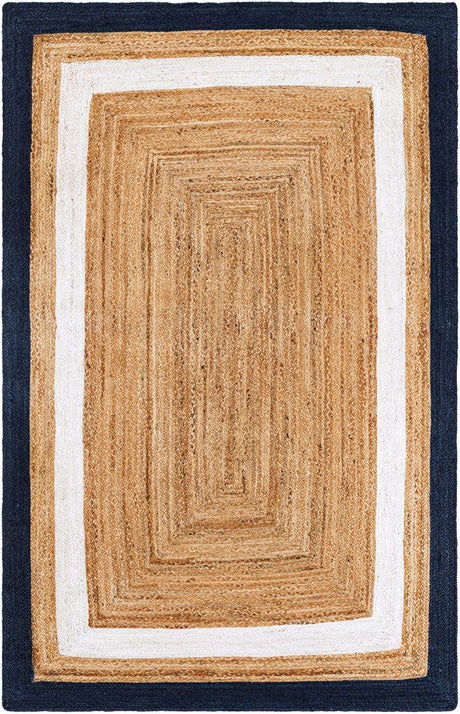Navy Blue White Natural 5' 1 x 8' Braided Jute Rectangle Rug
