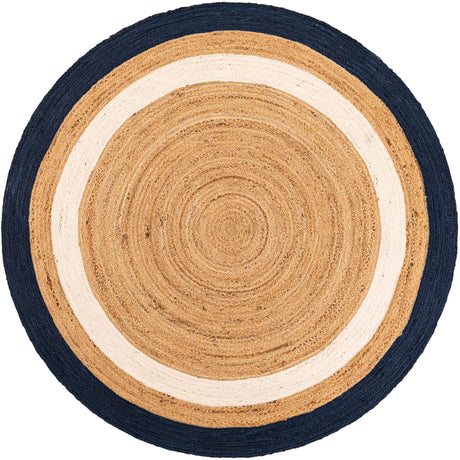 Navy Blue White Natural 6' 1 x 6' 1 Braided Jute Round Rug