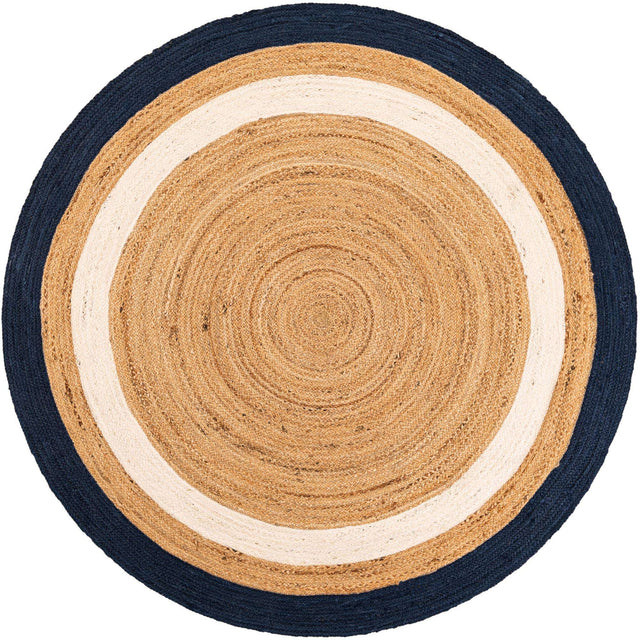 Navy Blue White Natural 6' 1 x 6' 1 Braided Jute Round Rug