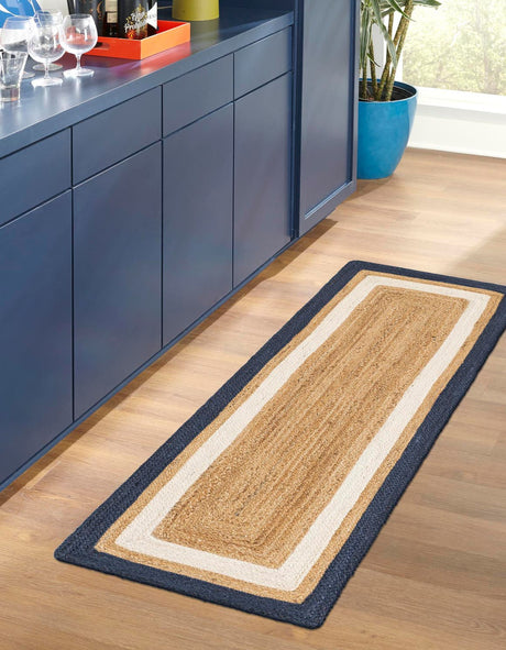 Navy Blue White Natural 2' x 8' Braided Jute Runner Rug