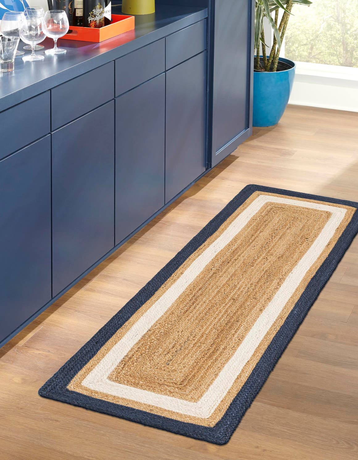 Navy Blue White Natural 2' 7 x 12' Braided Jute Runner Area Rug 100% Jute Hand Braided Natural Eco-Friendly Boho Style Carpet for Living Rooms Dining Office Space Dorms for Sale at Rug Engine