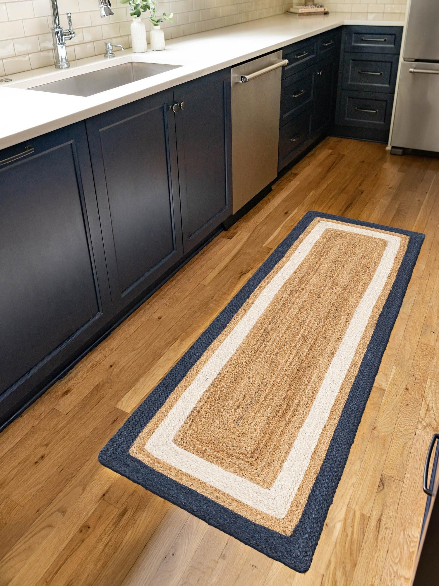 Navy Blue White Natural 2' x 8' Braided Jute Runner Area Rug 100% Jute Hand Braided Natural Eco-Friendly Boho Style Carpet for Living Rooms Dining Office Space Dorms for Sale at Rug Engine