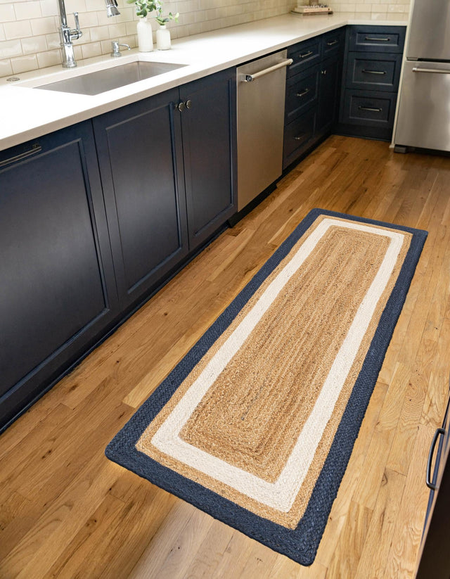 Navy Blue White Natural 2' x 8' Braided Jute Runner Rug