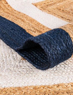 Navy Blue White Natural 2' x 8' Braided Jute Runner Rug