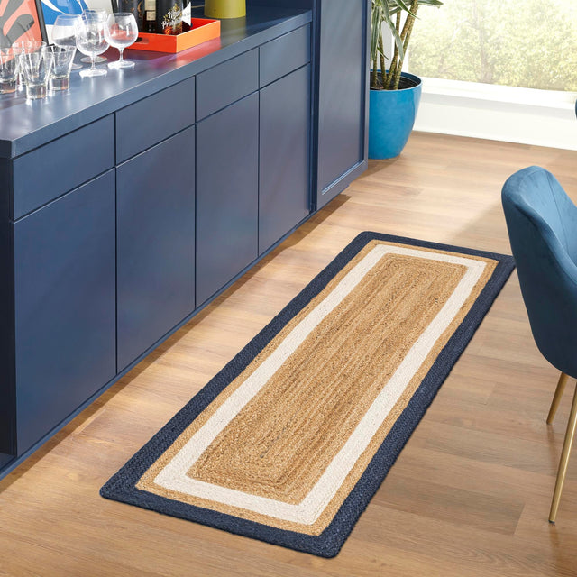 Navy Blue White Natural 2' x 6' 1 Braided Jute Runner Rug
