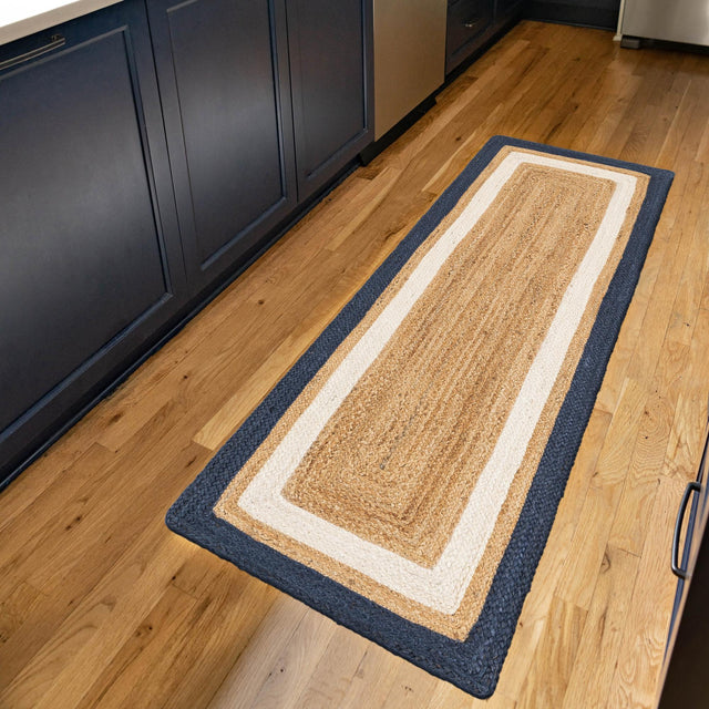 Navy Blue White Natural 2' x 6' 1 Braided Jute Runner Rug