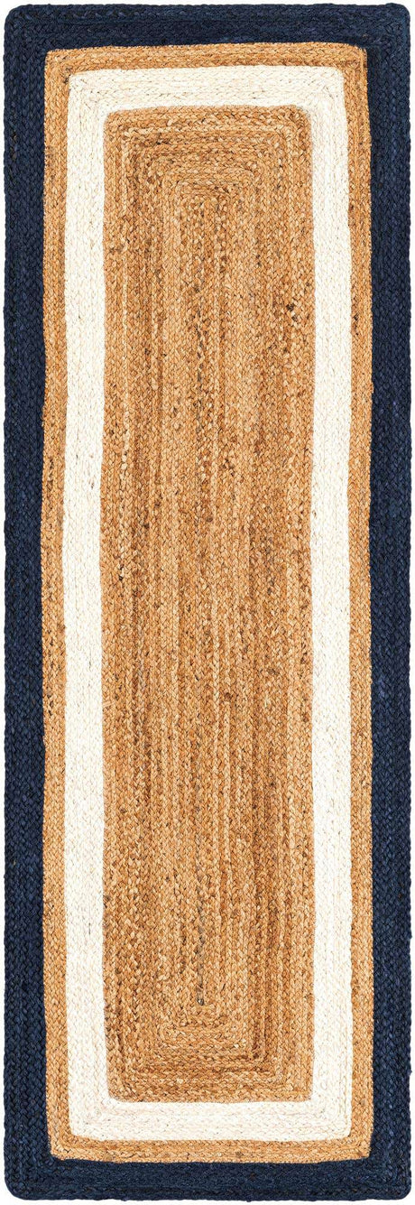 Navy Blue White Natural 2' x 6' 1 Braided Jute Runner Rug