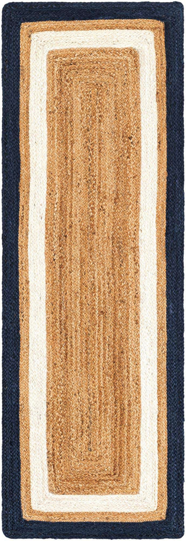 Navy Blue White Natural 2' x 6' 1 Braided Jute Runner Rug