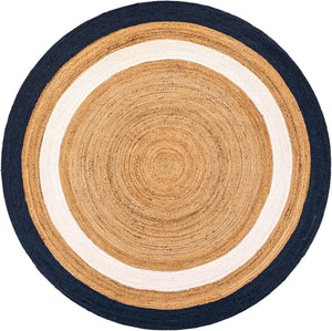 Navy Blue White Natural 8' x 8' Braided Jute Round Rug