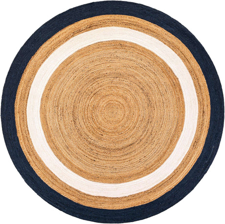 Navy Blue White Natural 8' x 8' Braided Jute Round Rug
