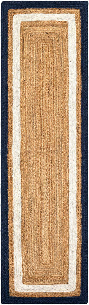 Navy Blue White Natural 2' x 8' Braided Jute Runner Rug