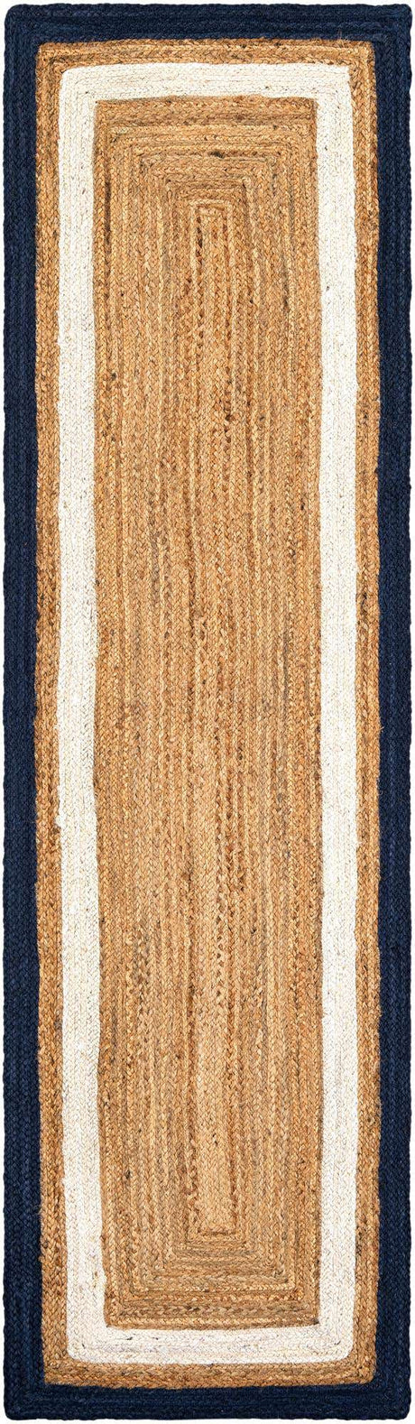 Navy Blue White Natural 2' x 8' Braided Jute Runner Rug