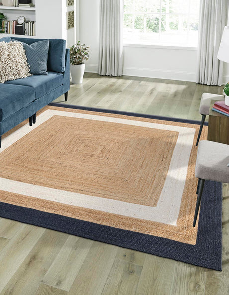 Navy Blue White Natural 8' x 8' Braided Jute Square Rug