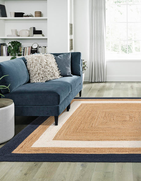 Navy Blue White Natural 7' 10 x 7' 10 Braided Jute Square Area Rug 100% Jute Hand Braided Natural Eco-Friendly Boho Style Carpet for Living Rooms Dining Office Space Dorms for Sale at Rug Engine