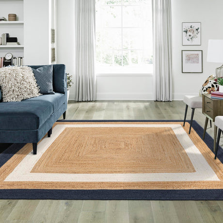 Navy Blue White Natural 7' 10 x 7' 10 Braided Jute Square Area Rug 100% Jute Hand Braided Natural Eco-Friendly Boho Style Carpet for Living Rooms Dining Office Space Dorms for Sale at Rug Engine
