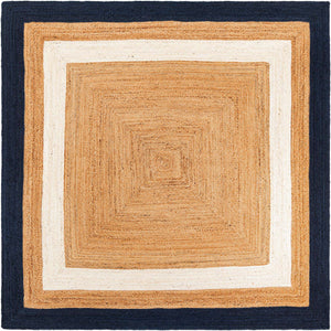 Navy Blue White Natural 8' x 8' Braided Jute Square Rug
