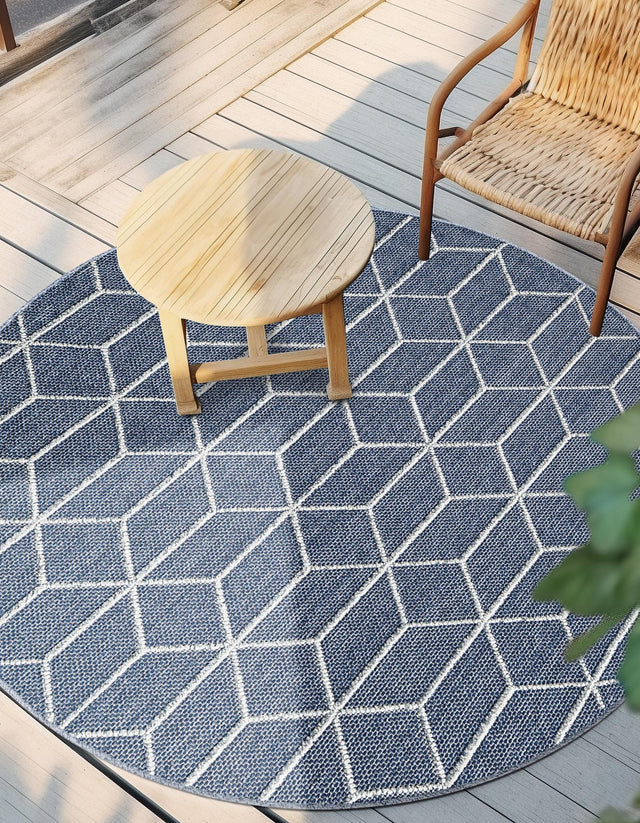 Navy Blue 7' 10 x 7' 10 Symphony Outdoor Round Area Rug Weather Resistant for Patio, Deck, Terrace, Balcony, Porch Durable Outside Carpet for Sale at Rug Engine