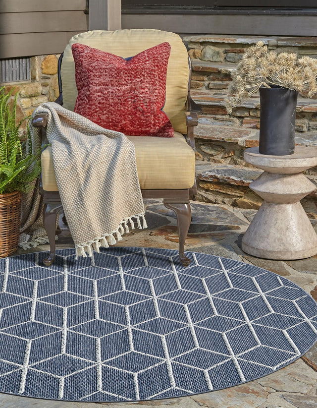 Navy Blue 5' 3 x 5' 3 Symphony Outdoor Round Area Rug Weather Resistant for Patio, Deck, Terrace, Balcony, Porch Durable Outside Carpet for Sale at Rug Engine