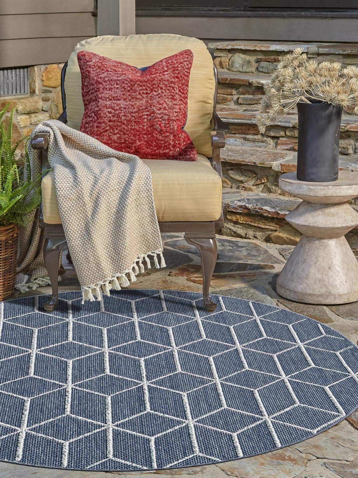 Navy Blue 3' 1 x 3' 1 Symphony Outdoor Round Area Rug Weather Resistant for Patio, Deck, Terrace, Balcony, Porch Durable Outside Carpet for Sale at Rug Engine