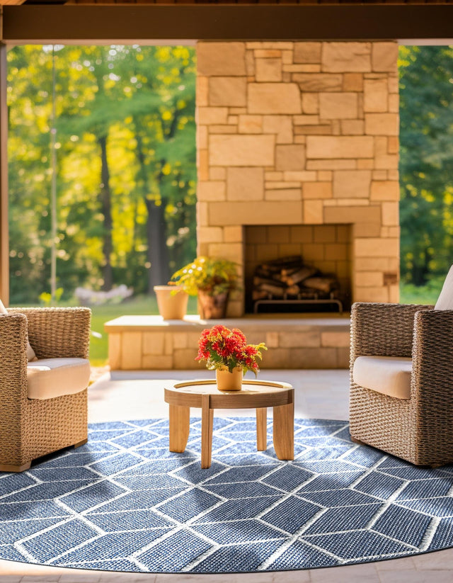 Navy Blue 5' 3 x 5' 3 Symphony Outdoor Round Area Rug Weather Resistant for Patio, Deck, Terrace, Balcony, Porch Durable Outside Carpet for Sale at Rug Engine