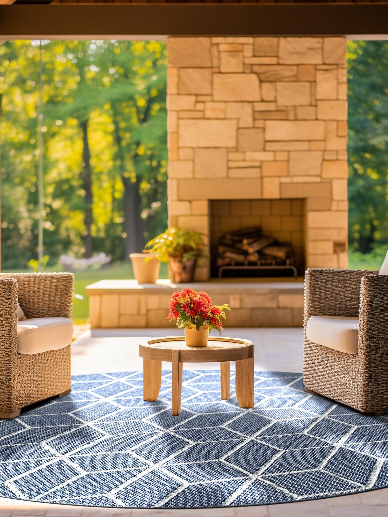 Navy Blue 3' 1 x 3' 1 Symphony Outdoor Round Area Rug Weather Resistant for Patio, Deck, Terrace, Balcony, Porch Durable Outside Carpet for Sale at Rug Engine