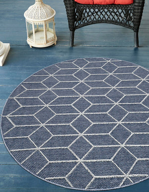 Navy Blue 7' 10 x 7' 10 Symphony Outdoor Round Area Rug Weather Resistant for Patio, Deck, Terrace, Balcony, Porch Durable Outside Carpet for Sale at Rug Engine
