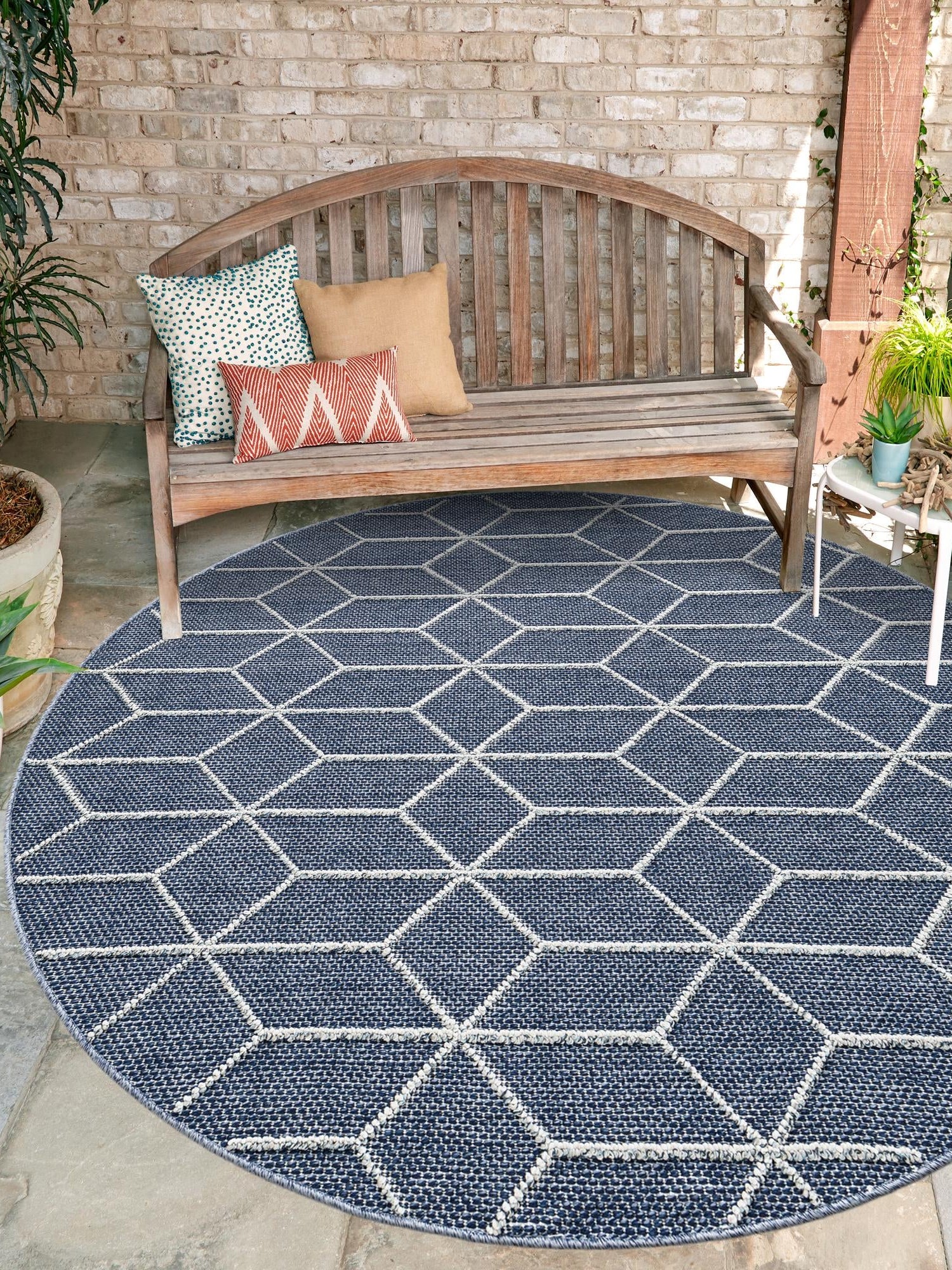 Navy Blue 7' 10 x 7' 10 Symphony Outdoor Round Area Rug Weather Resistant for Patio, Deck, Terrace, Balcony, Porch Durable Outside Carpet for Sale at Rug Engine