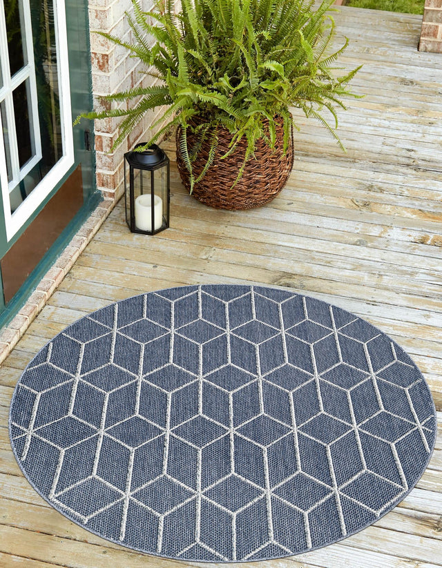 Navy Blue 5' 3 x 5' 3 Symphony Outdoor Round Area Rug Weather Resistant for Patio, Deck, Terrace, Balcony, Porch Durable Outside Carpet for Sale at Rug Engine