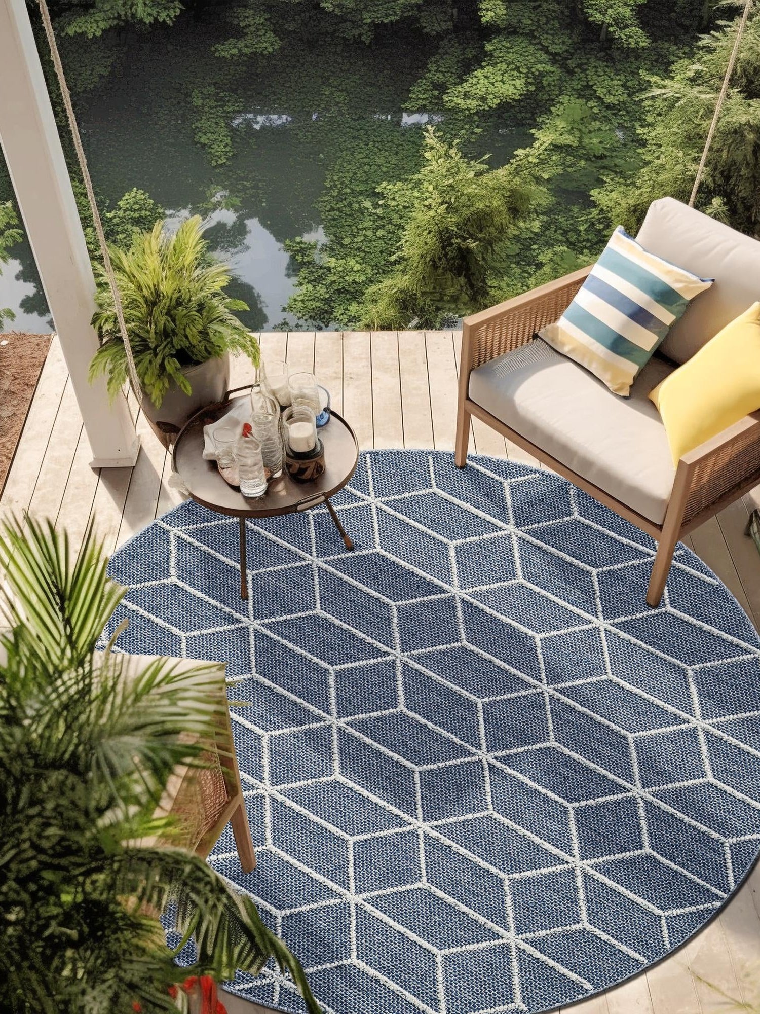 Navy Blue 3' 1 x 3' 1 Symphony Outdoor Round Area Rug Weather Resistant for Patio, Deck, Terrace, Balcony, Porch Durable Outside Carpet for Sale at Rug Engine