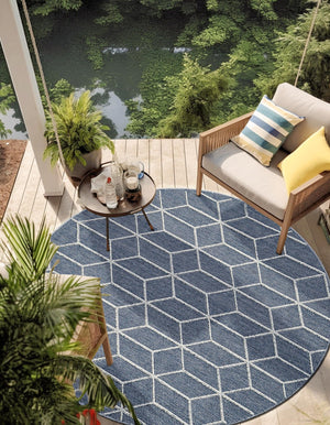 Navy Blue 3' 1 x 3' 1 Symphony Outdoor Round Area Rug Weather Resistant for Patio, Deck, Terrace, Balcony, Porch Durable Outside Carpet for Sale at Rug Engine