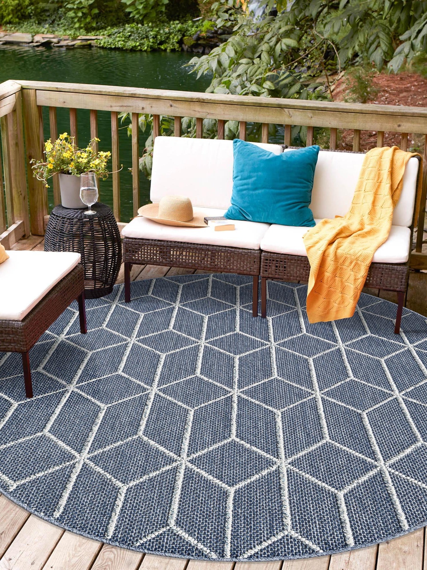 Navy Blue 3' 1 x 3' 1 Symphony Outdoor Round Area Rug Weather Resistant for Patio, Deck, Terrace, Balcony, Porch Durable Outside Carpet for Sale at Rug Engine