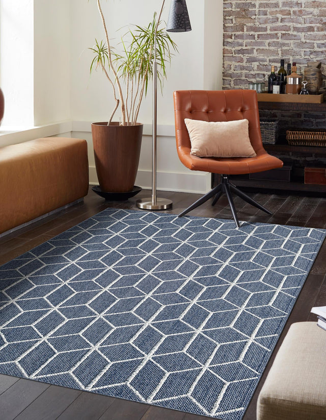 Navy Blue 4' 1 x 6' 1 Symphony Outdoor Rectangle Area Rug Weather Resistant for Patio, Deck, Terrace, Balcony, Porch Durable Outside Carpet for Sale at Rug Engine