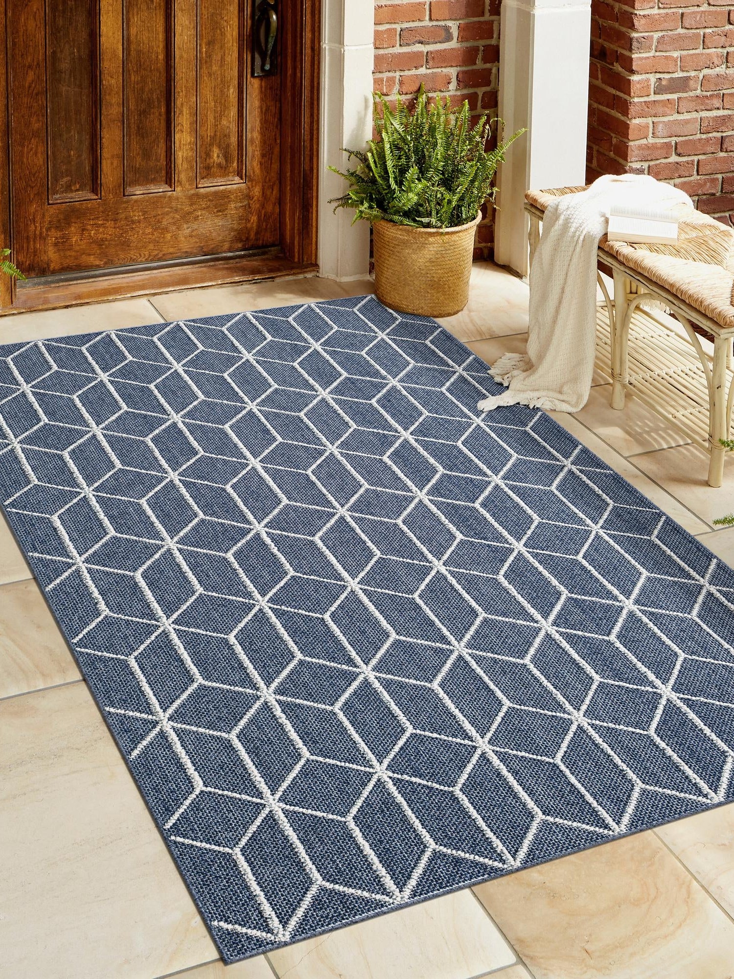 Navy Blue 7' 10 x 10' Symphony Outdoor Rectangle Area Rug Weather Resistant for Patio, Deck, Terrace, Balcony, Porch Durable Outside Carpet for Sale at Rug Engine