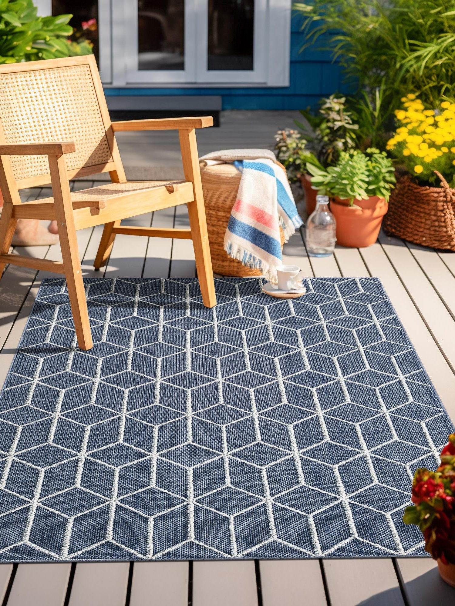Navy Blue 4' 1 x 6' 1 Symphony Outdoor Rectangle Area Rug Weather Resistant for Patio, Deck, Terrace, Balcony, Porch Durable Outside Carpet for Sale at Rug Engine