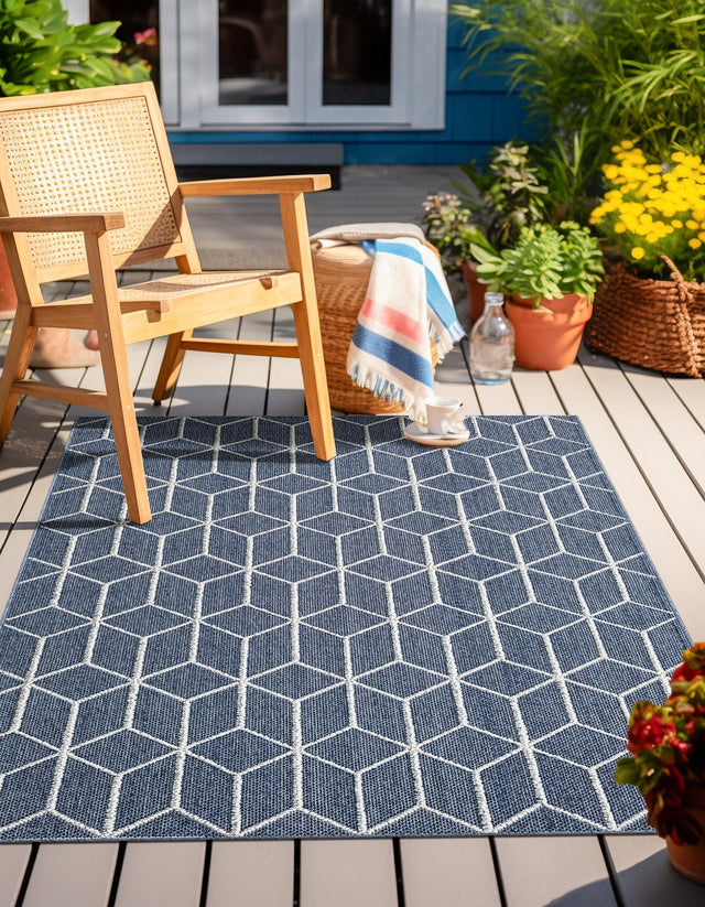 Navy Blue 4' 1 x 6' 1 Symphony Outdoor Rectangle Area Rug Weather Resistant for Patio, Deck, Terrace, Balcony, Porch Durable Outside Carpet for Sale at Rug Engine