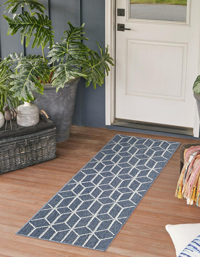 Navy Blue 2' 7 x 12' Symphony Outdoor Runner Area Rug Weather Resistant for Patio, Deck, Terrace, Balcony, Porch Durable Outside Carpet for Sale at Rug Engine