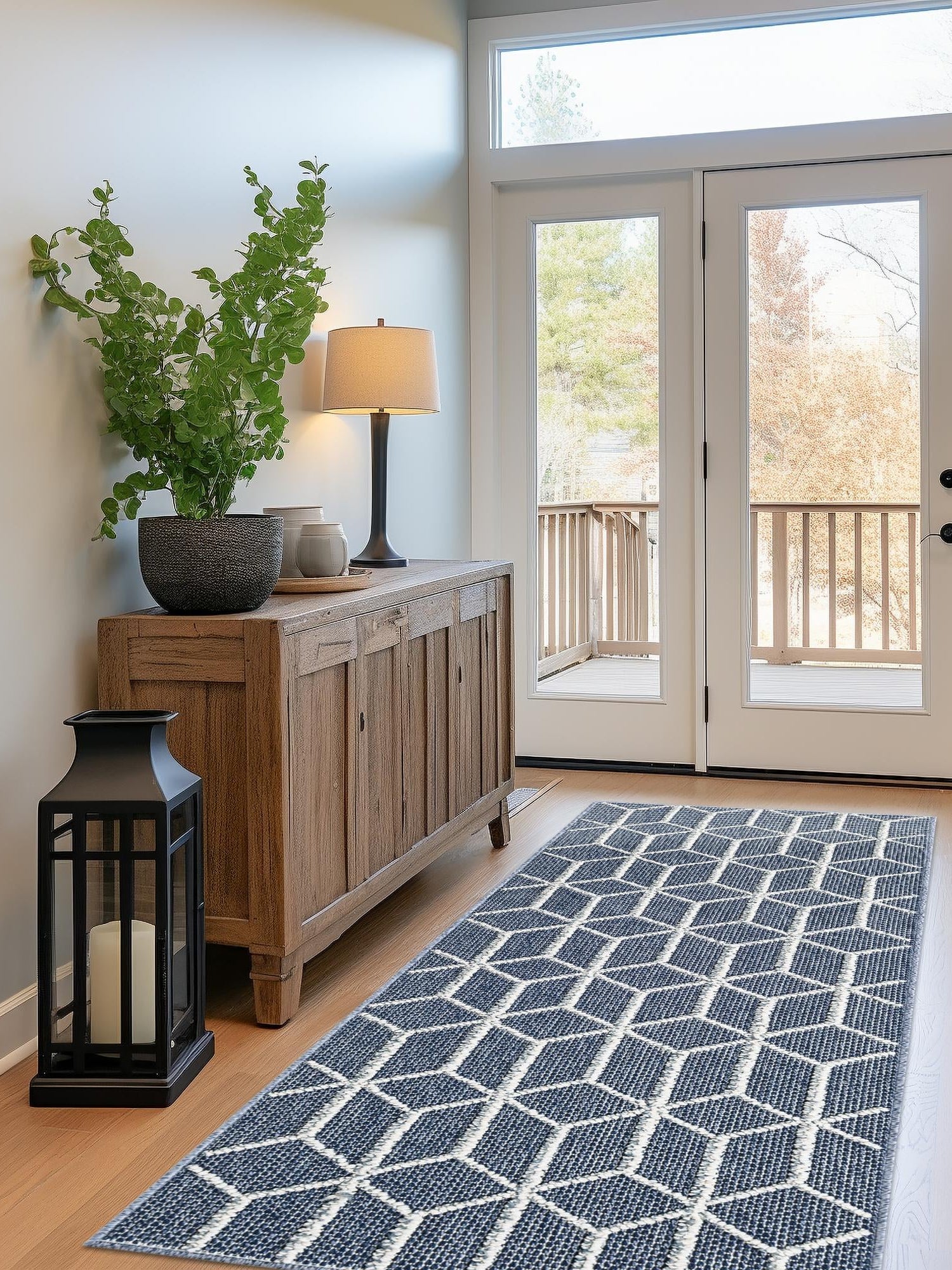 Navy Blue 2' 7 x 12' Symphony Outdoor Runner Area Rug Weather Resistant for Patio, Deck, Terrace, Balcony, Porch Durable Outside Carpet for Sale at Rug Engine