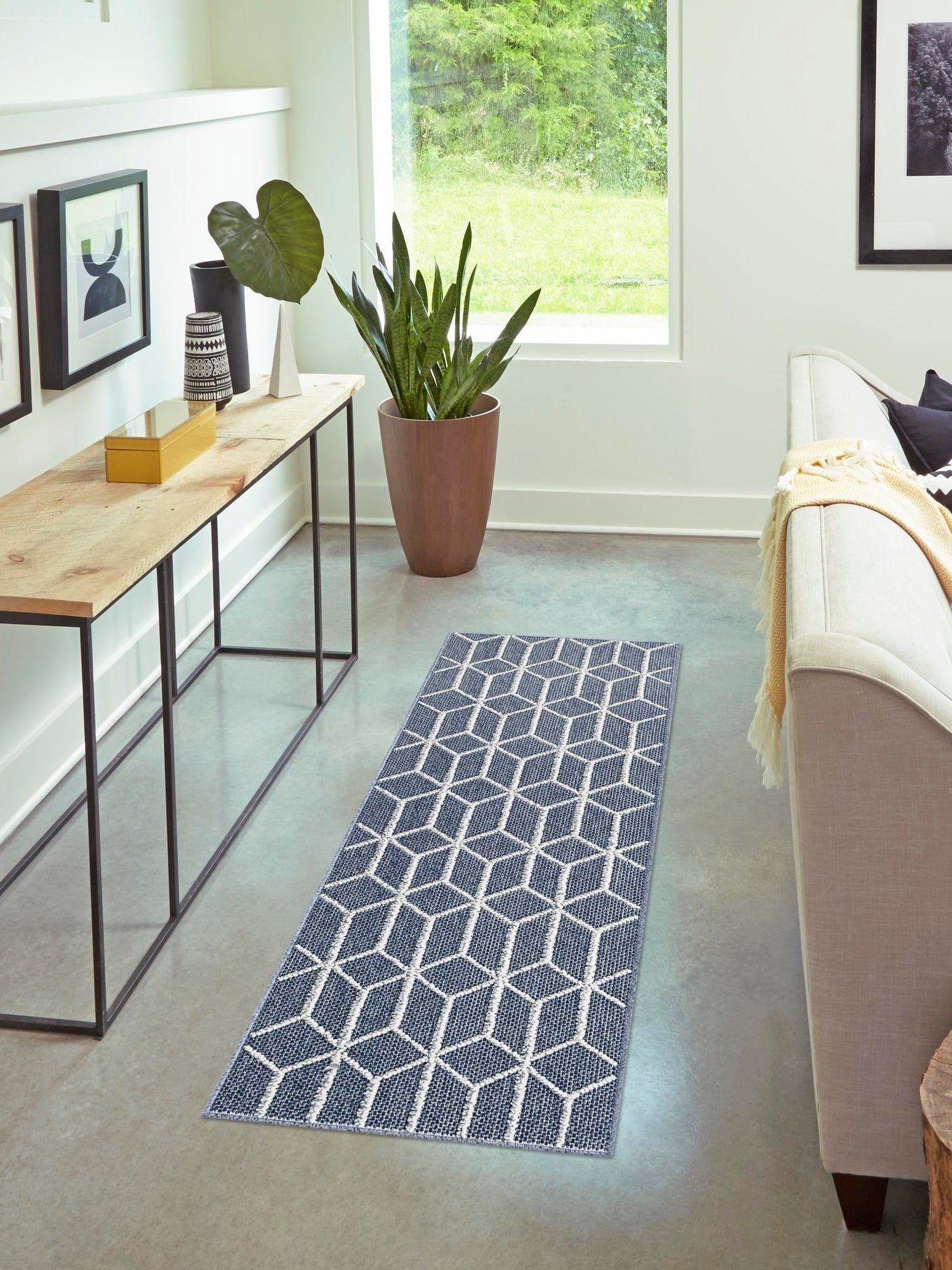 Navy Blue 2' 7 x 12' Symphony Outdoor Runner Area Rug Weather Resistant for Patio, Deck, Terrace, Balcony, Porch Durable Outside Carpet for Sale at Rug Engine