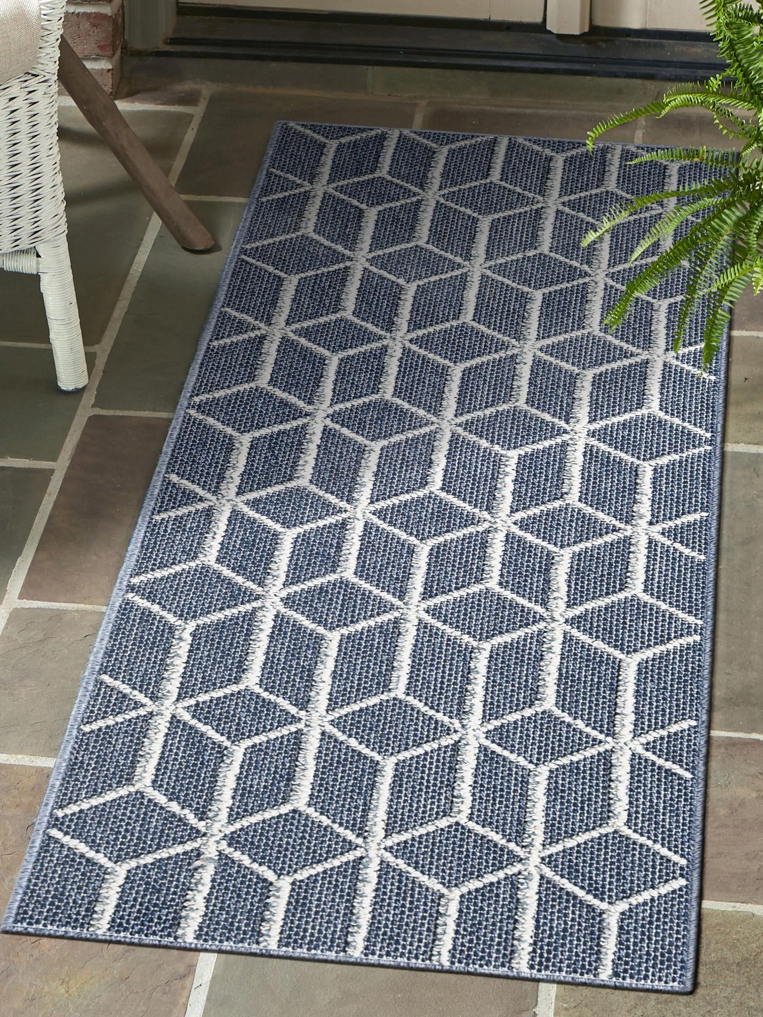 Navy Blue 2' x 8' Symphony Outdoor Runner Area Rug Weather Resistant for Patio, Deck, Terrace, Balcony, Porch Durable Outside Carpet for Sale at Rug Engine