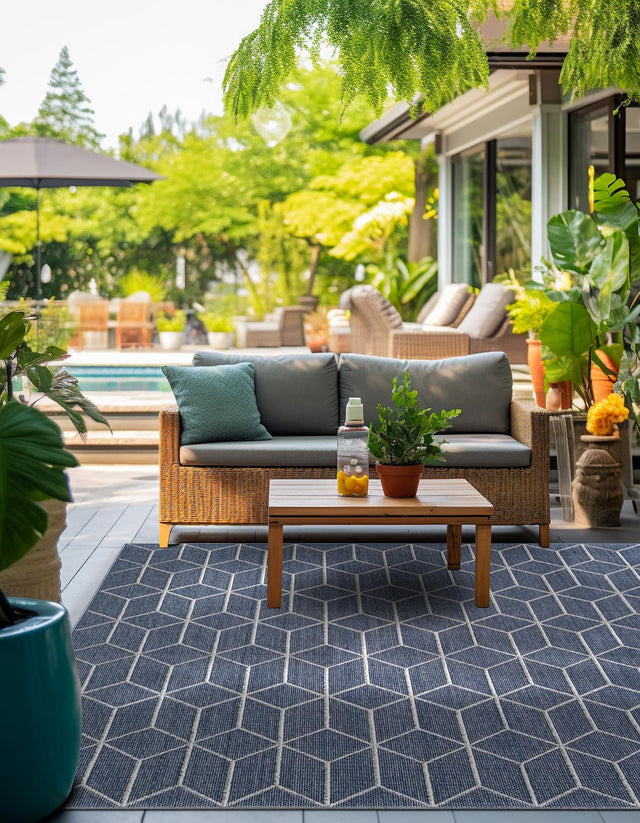 Navy Blue 7' 10 x 7' 10 Symphony Outdoor Square Area Rug Weather Resistant for Patio, Deck, Terrace, Balcony, Porch Durable Outside Carpet for Sale at Rug Engine