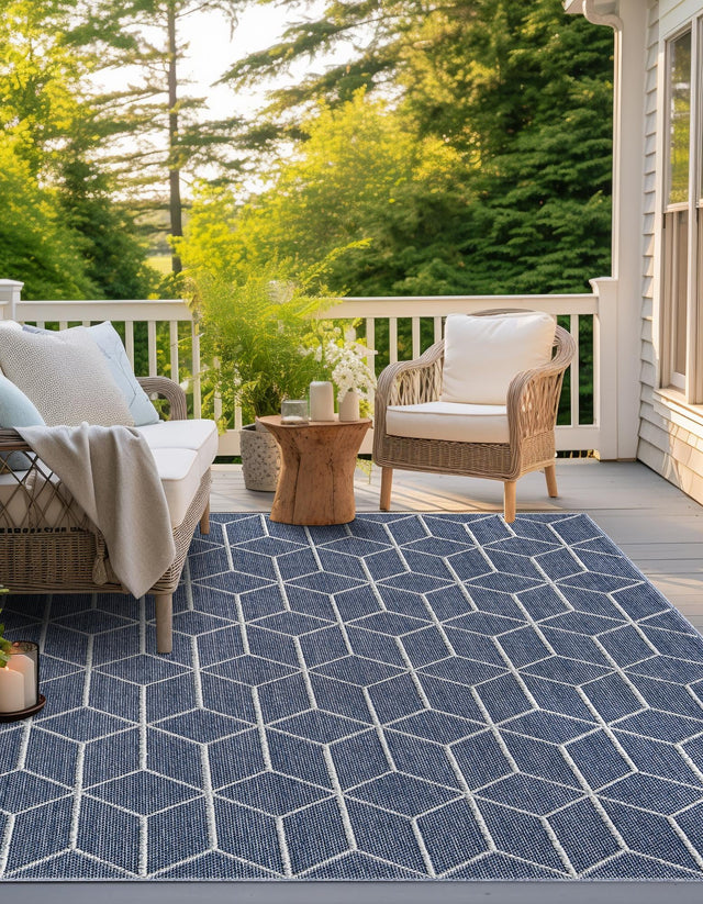 Navy Blue 7' 10 x 7' 10 Symphony Outdoor Square Area Rug Weather Resistant for Patio, Deck, Terrace, Balcony, Porch Durable Outside Carpet for Sale at Rug Engine