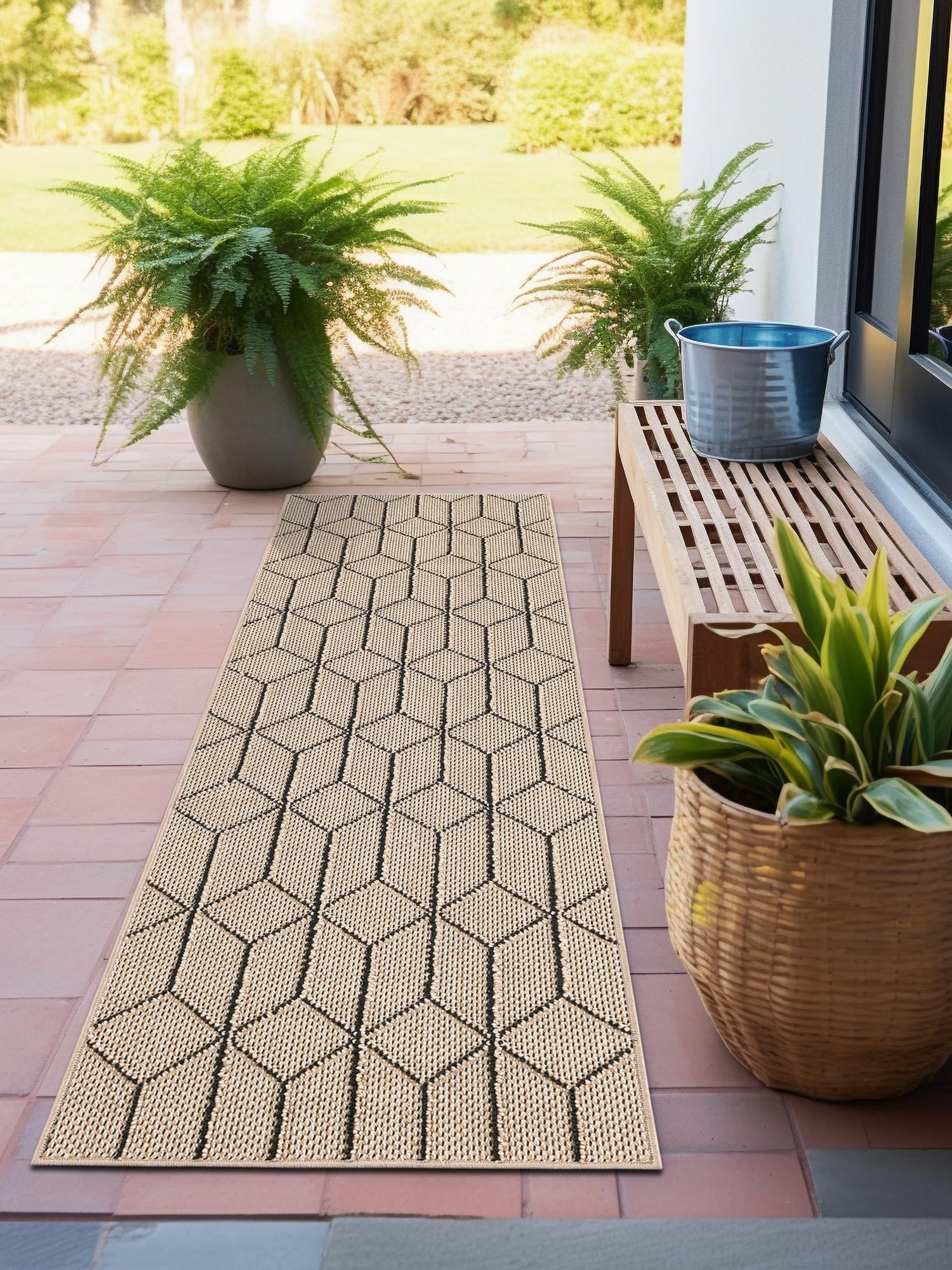 Khaki 2' x 8' Symphony Outdoor Runner Area Rug Weather Resistant for Patio, Deck, Terrace, Balcony, Porch Durable Outside Carpet for Sale at Rug Engine