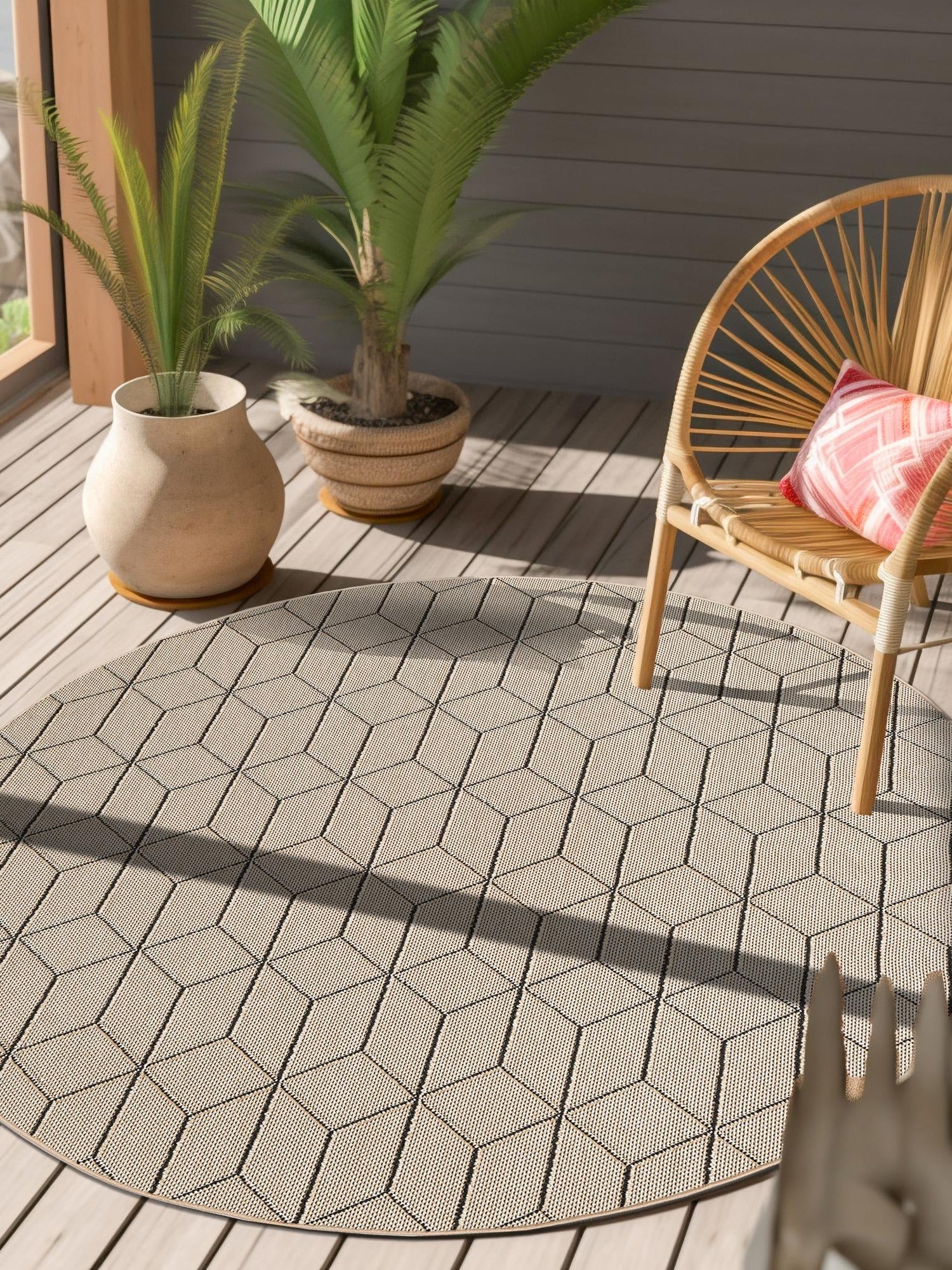 Khaki 7' 10 x 7' 10 Symphony Outdoor Round Area Rug Weather Resistant for Patio, Deck, Terrace, Balcony, Porch Durable Outside Carpet for Sale at Rug Engine