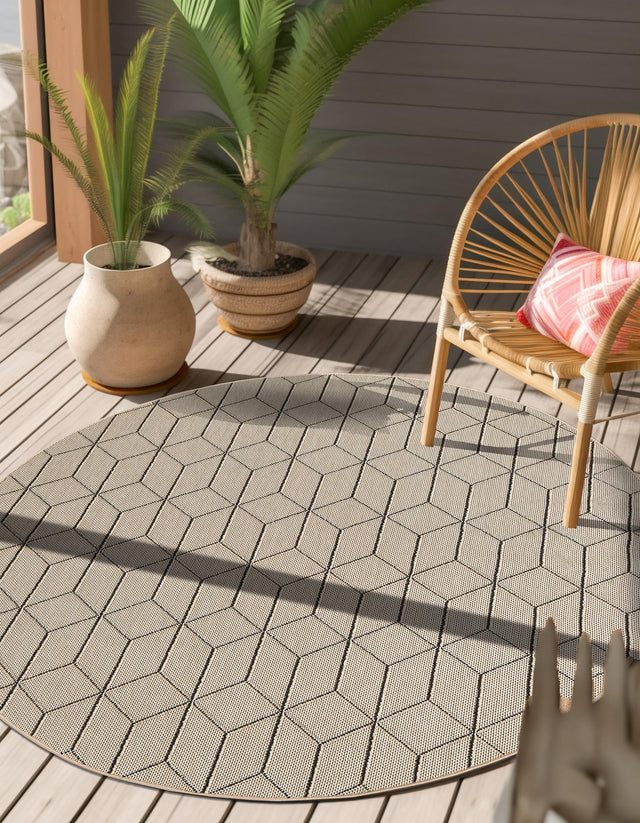 Khaki 7' 10 x 7' 10 Symphony Outdoor Round Area Rug Weather Resistant for Patio, Deck, Terrace, Balcony, Porch Durable Outside Carpet for Sale at Rug Engine