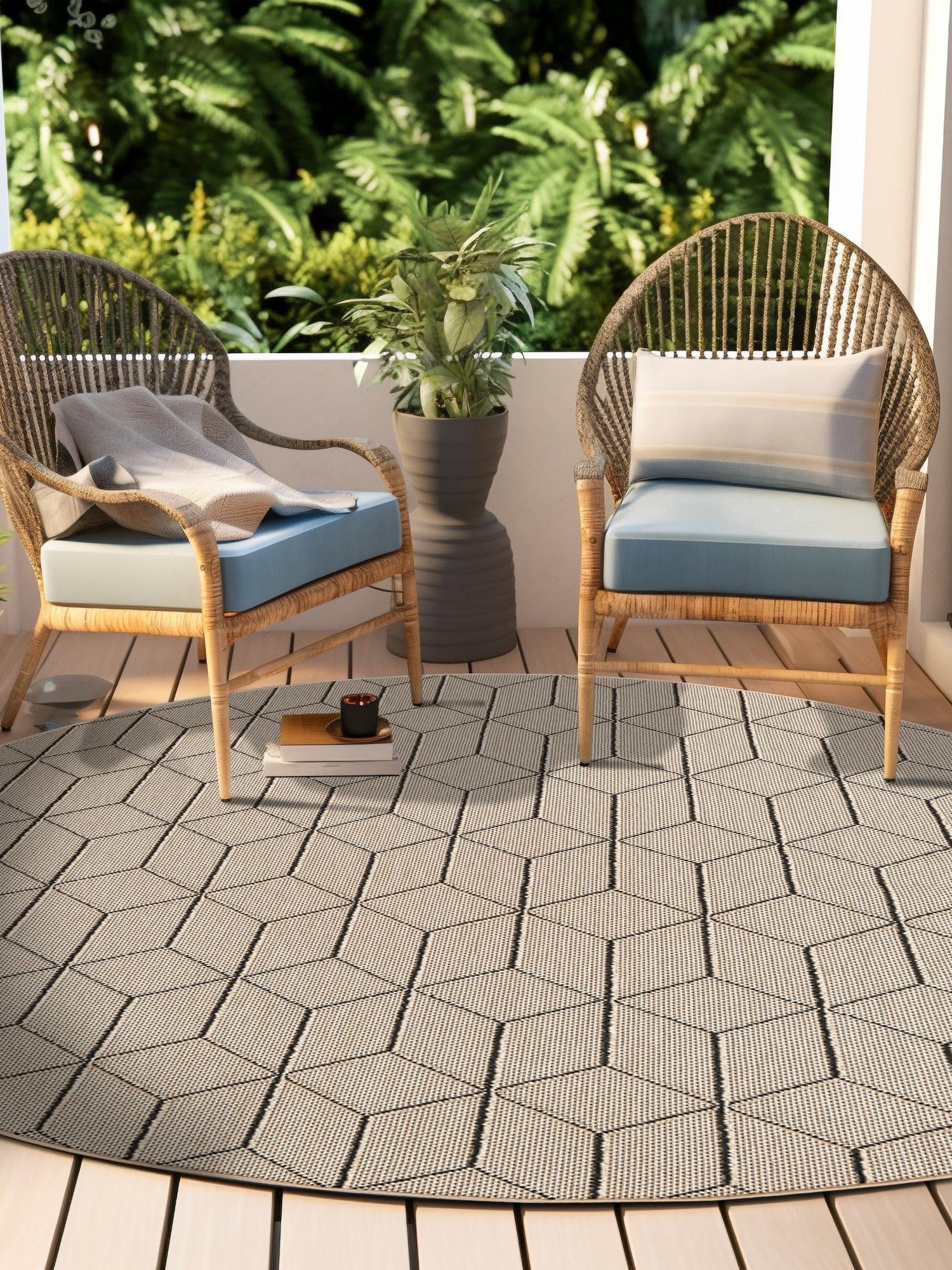 Khaki 5' 3 x 5' 3 Symphony Outdoor Round Area Rug Weather Resistant for Patio, Deck, Terrace, Balcony, Porch Durable Outside Carpet for Sale at Rug Engine