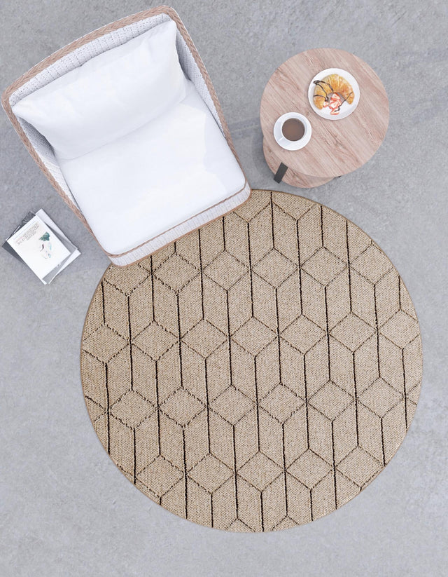Khaki 5' 3 x 5' 3 Symphony Outdoor Round Area Rug Weather Resistant for Patio, Deck, Terrace, Balcony, Porch Durable Outside Carpet for Sale at Rug Engine