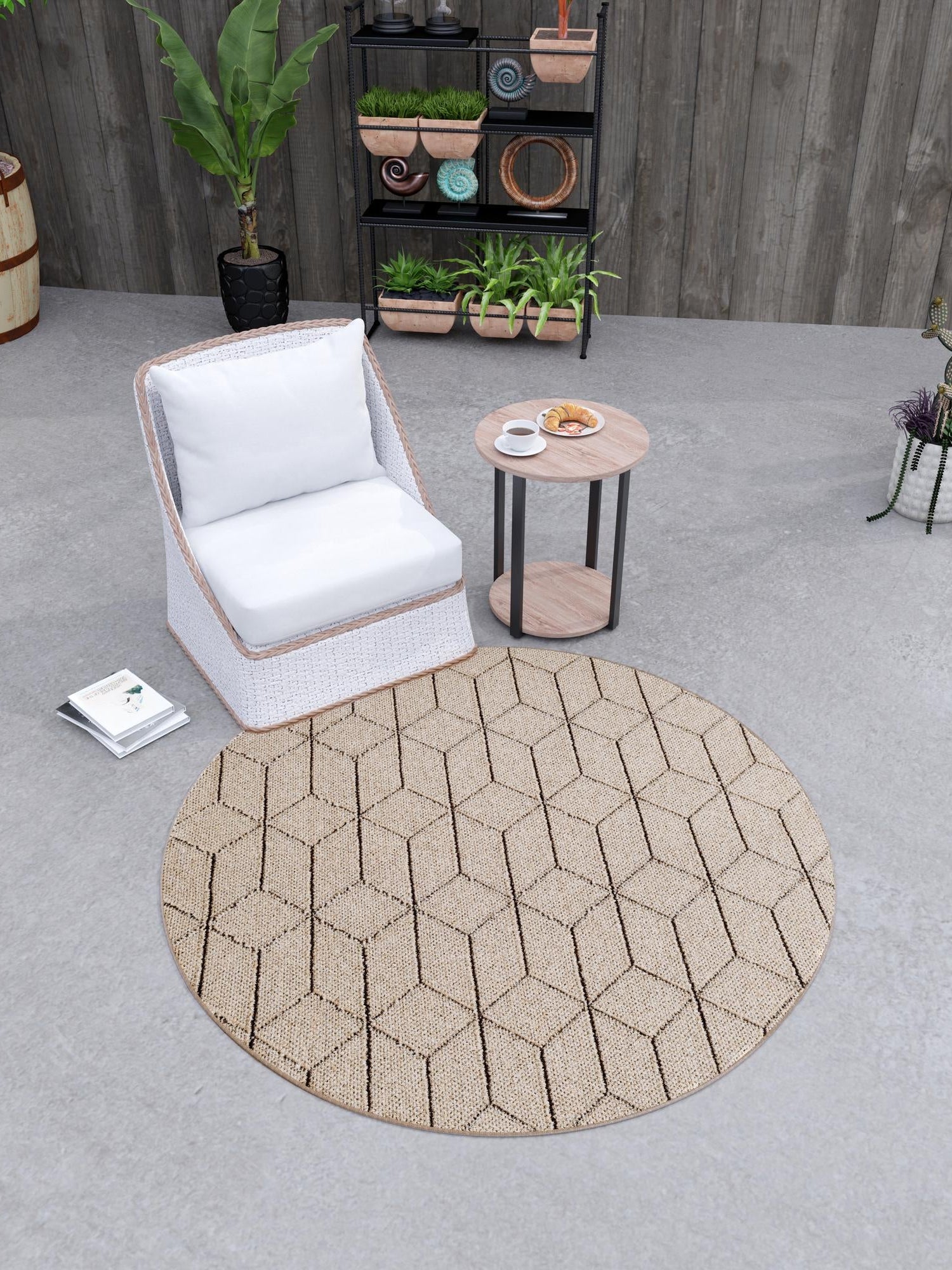 Khaki 5' 3 x 5' 3 Symphony Outdoor Round Area Rug Weather Resistant for Patio, Deck, Terrace, Balcony, Porch Durable Outside Carpet for Sale at Rug Engine