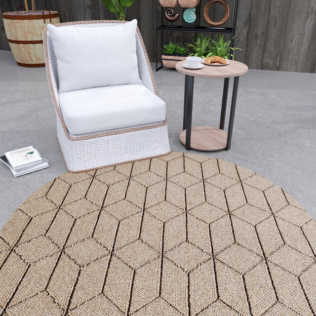 Khaki 5' 3 x 5' 3 Symphony Outdoor Round Area Rug Weather Resistant for Patio, Deck, Terrace, Balcony, Porch Durable Outside Carpet for Sale at Rug Engine