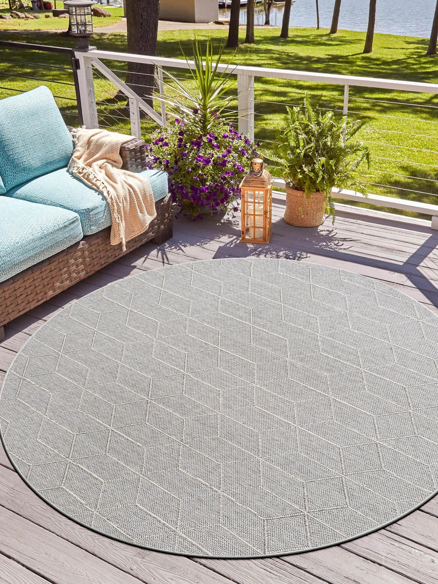 Light Gray 7' 10 x 7' 10 Symphony Outdoor Round Area Rug Weather Resistant for Patio, Deck, Terrace, Balcony, Porch Durable Outside Carpet for Sale at Rug Engine